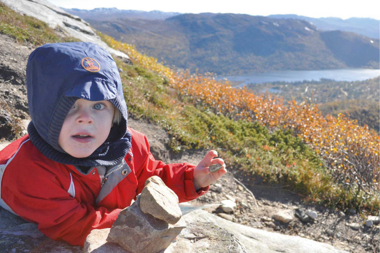 Vår utvalgte tur er en av fire familievennlige toppturer nær Hovden sentrum. Her er Leon 4 snart oppe på toppen av Hovdenuten 1119 moh. Foto: Torolf Kroglund