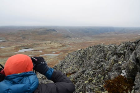 TÅKEHEIMEN: Det er ikke vits i å gå over 1600 meter i dag. Tåka ligger som et tett tak over hele dalen.