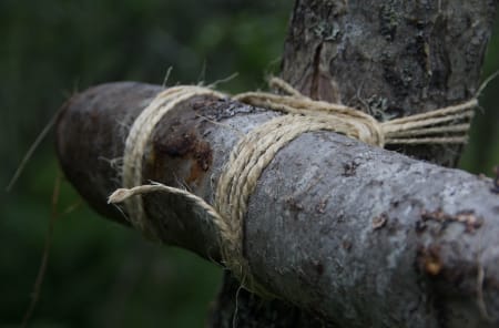 Surringene er sentrale i en gapahuk. Sisaltau er et naturprodukt og fungerer veldig bra. Surr noen gode runder over og under stokken du skal feste og stram godt til. Dobbel halvstikk er en god knute for å feste tauet.