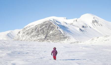 Aurora leter etter snøskavler til snøhula. I bakgrunnen "Svartnuten" som lever opp til navnet sitt foran Rondslottet og Vinjeronden som er til høyre.