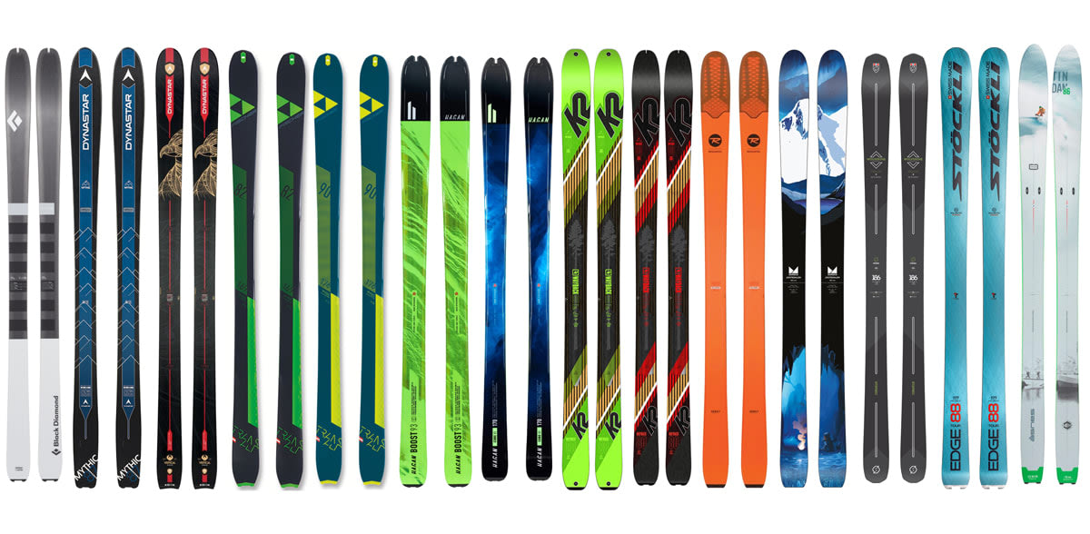 ALLSIDIG TEST: Fra venstre: Black Diamond Helio 76, Dynastar Mythic 87 Carbon, Dynastar Vertical Eagle, Fischer Transalp Carbon 82, Fischer Transalp Carbon 90, Hagan Boost 93, Hagan Core 83, K2 Wayback 88, K2 Wayback 80, Rossignol Seek 7 HD, SGN Jostedalen Carbon, Stereo Carbon Wolverine v2, Stöckli Edge Tour 88 og Åsnes Tindan.