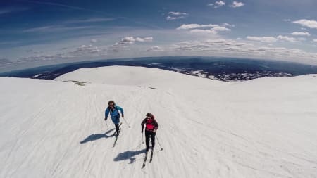 SPIKERFESTE: Når du har kommet deg opp kneika med spikerfeste på fjellskia, vil du igjen ha gode fordeler til flater og nedoverbakker hvis du har valgt å bruke skifeller fremfor smøring. Du river fellene av i løpet av null komma niks, og vips så glir skiene som en drøm. Bilde: Christian Nerdrum